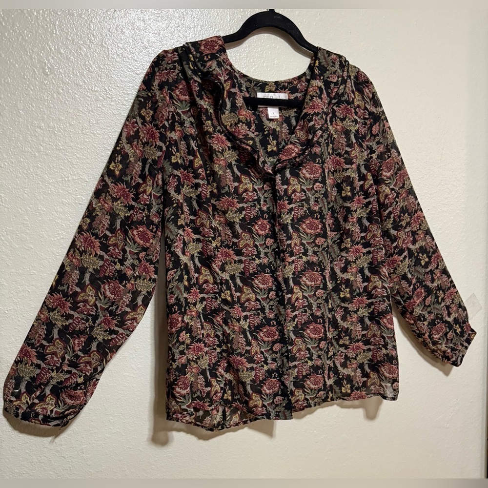 CJ Banks Earthy Floral Ruffle Collar Button-Down Blouse | Women’s Top - Picture 5 of 5